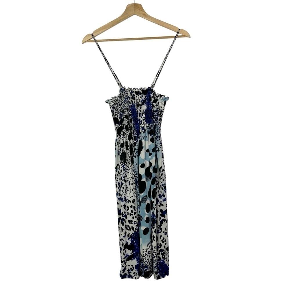 Boutique Prestige Edge Y2K Black & Blue Printed‎ Smocked Bust Midi Dress S